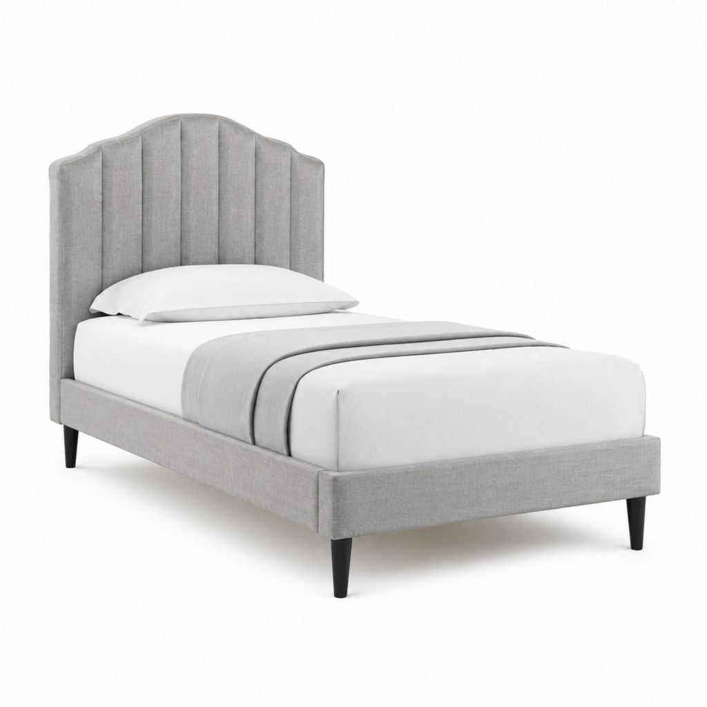 Lit simple 90 x 190 cm gris en polyester avec tête de lit capitonnée