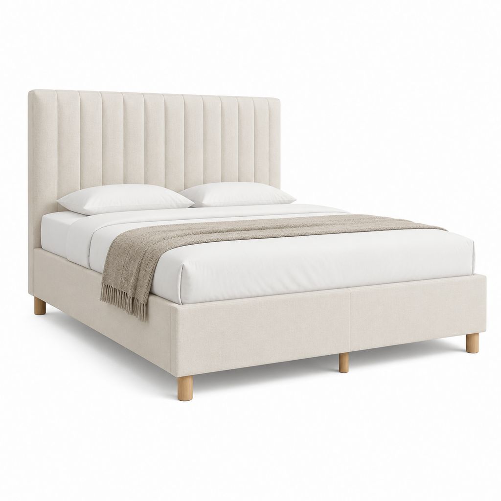 Lit double 160 x 200 cm beige en polyester avec tête de lit capitonnée verticale
