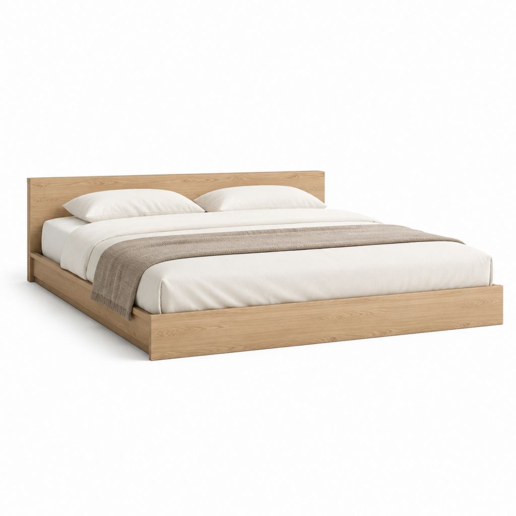 Cadre de lit double 160 x 200 cm en MDF plaqué chêne naturel avec tête de lit rectangulaire