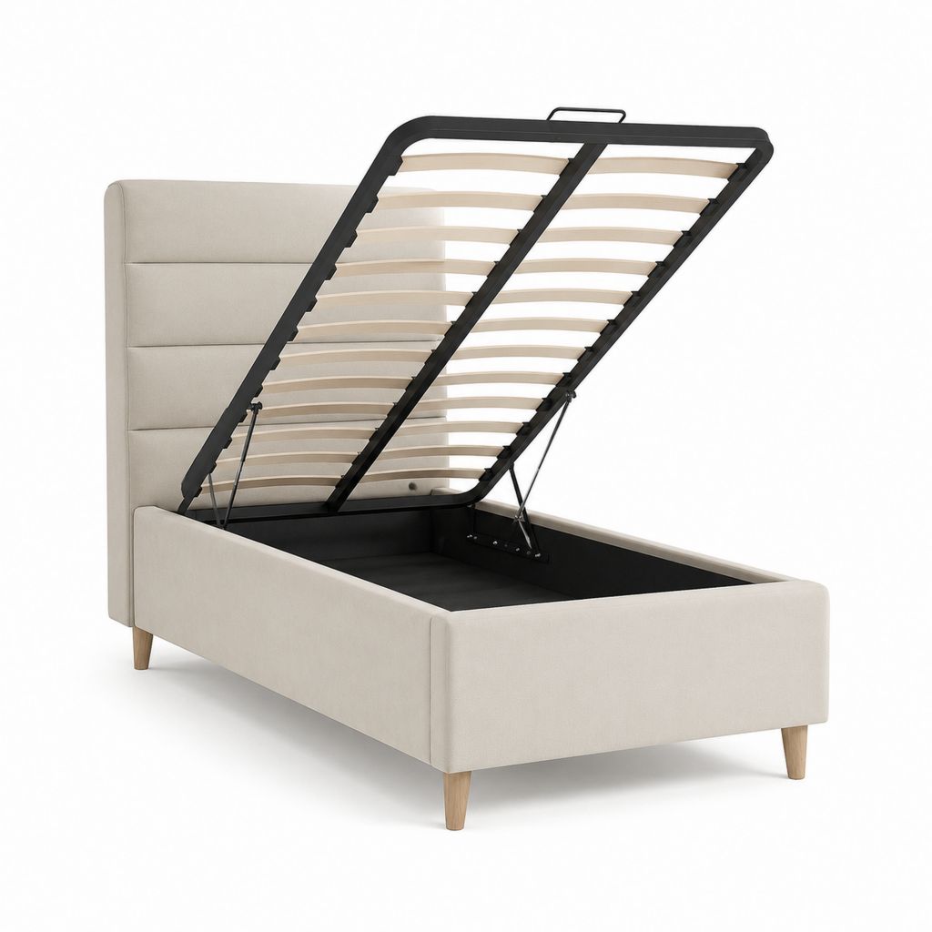 Lit coffre 1 place beige en polyester avec cadre en acier 90 x 190 cm