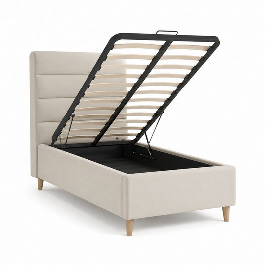 Lit coffre 1 place beige en polyester avec cadre en acier 90 x 190 cm