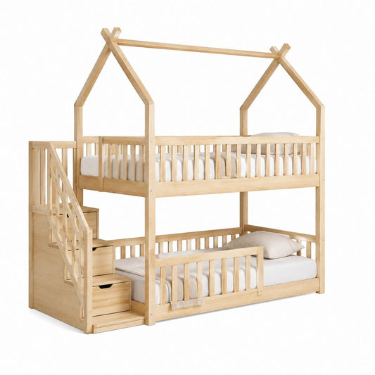 Lit superposé enfant cabane en pin massif naturel avec escalier de rangement 90 x 200 cm