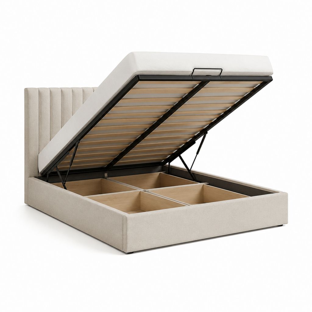 Lit coffre double beige en polyester avec sommier à lattes 160 x 200 cm