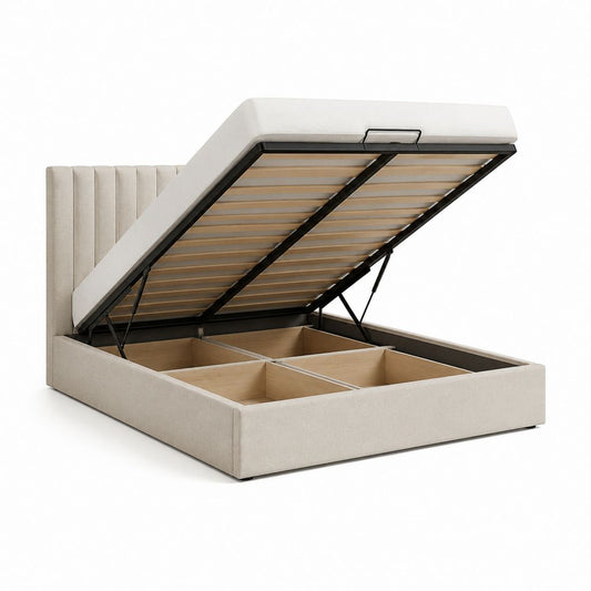 Lit coffre double beige en polyester avec sommier à lattes 160 x 200 cm