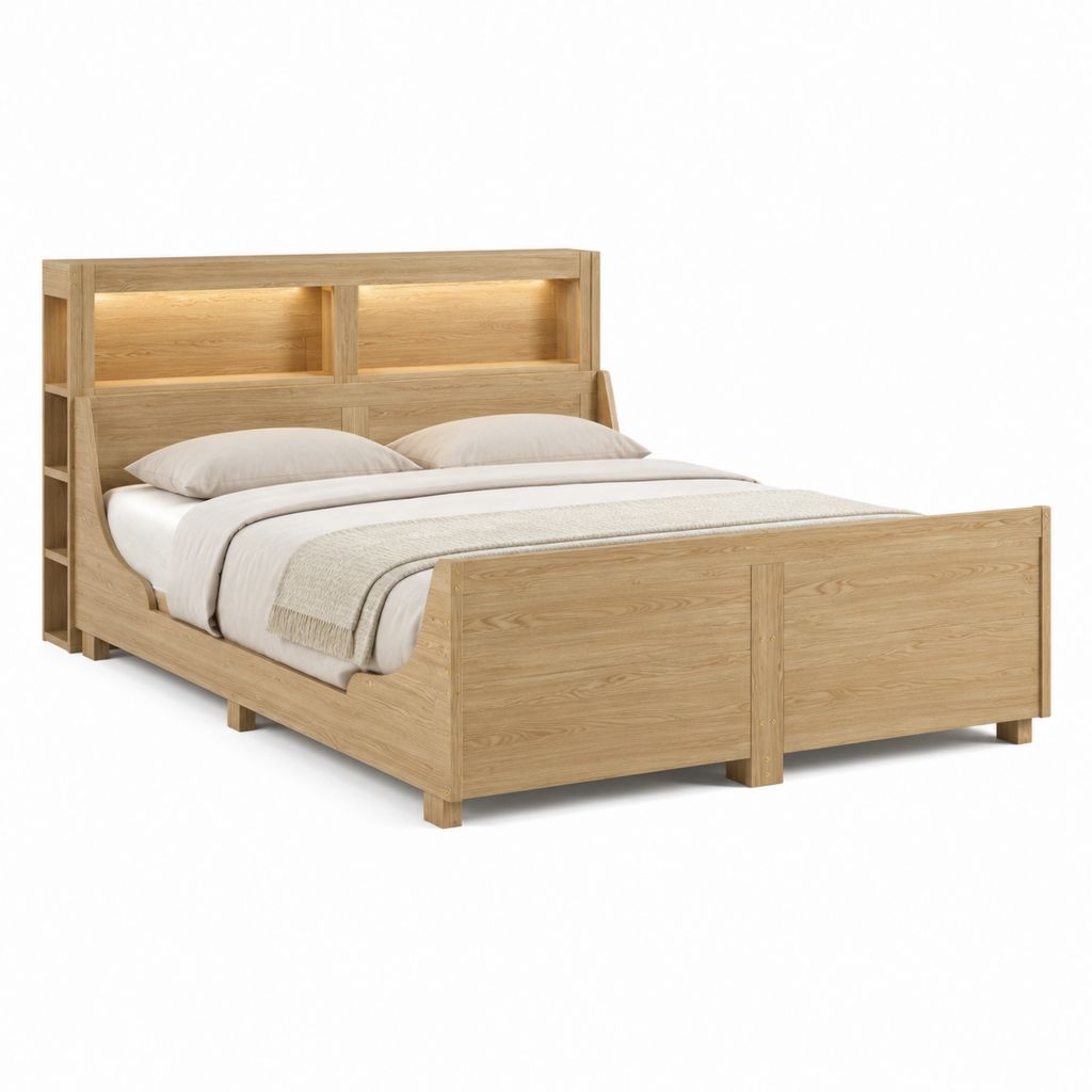 Cadre de lit double en chêne massif naturel avec rangement et éclairage LED 160 x 200 cm