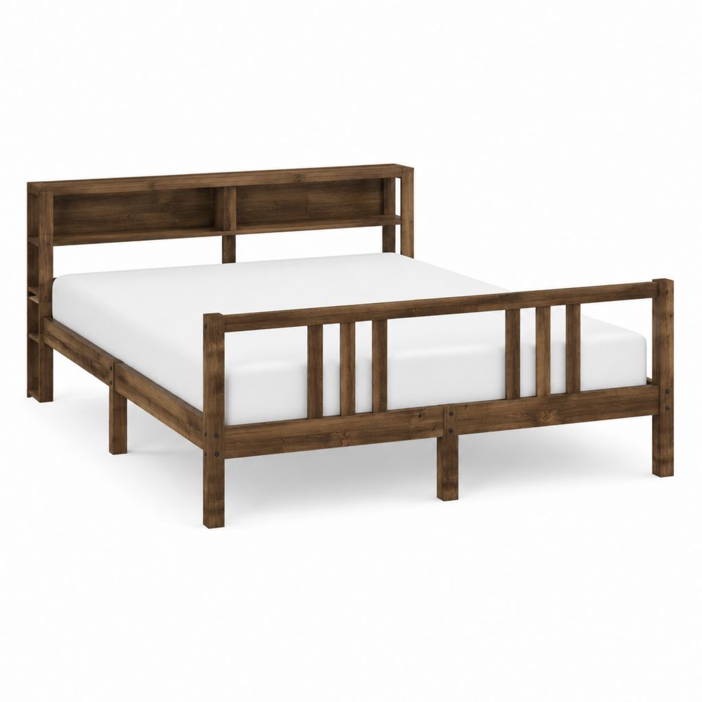 Lit double avec rangement brun noyer en pin massif 160 x 200 cm