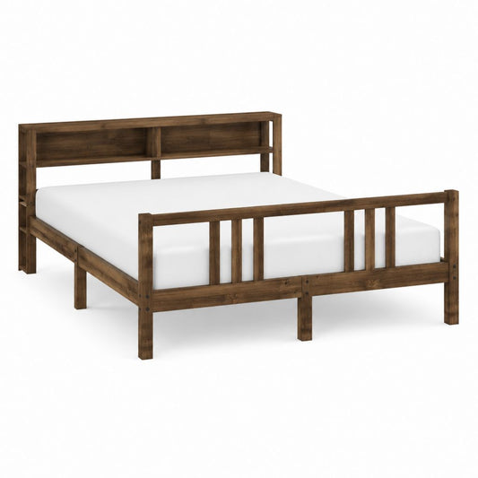 Lit double avec rangement brun noyer en pin massif 160 x 200 cm
