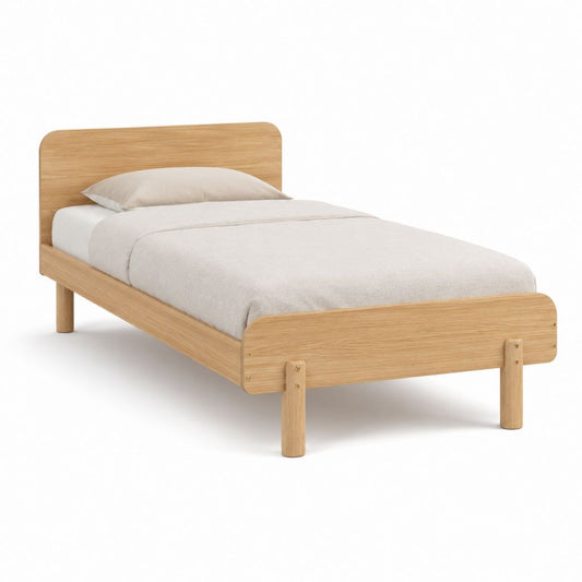 Lit simple 90 x 190 cm en chêne massif naturel avec cadre à bords arrondis