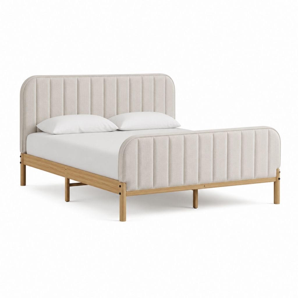 Lit double rectangulaire beige en polyester et pin massif 160 x 200 cm