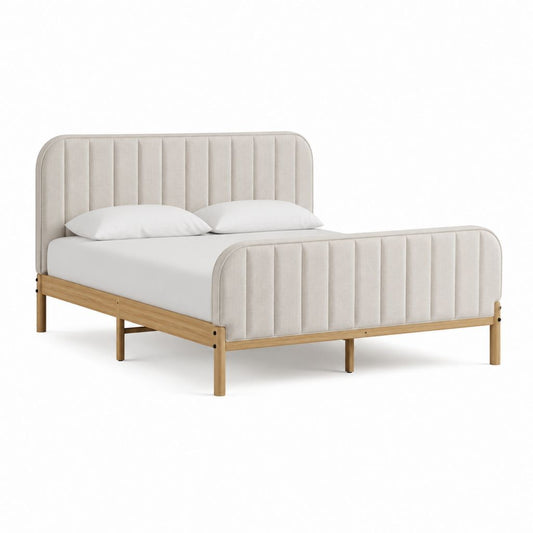Lit double rectangulaire beige en polyester et pin massif 160 x 200 cm