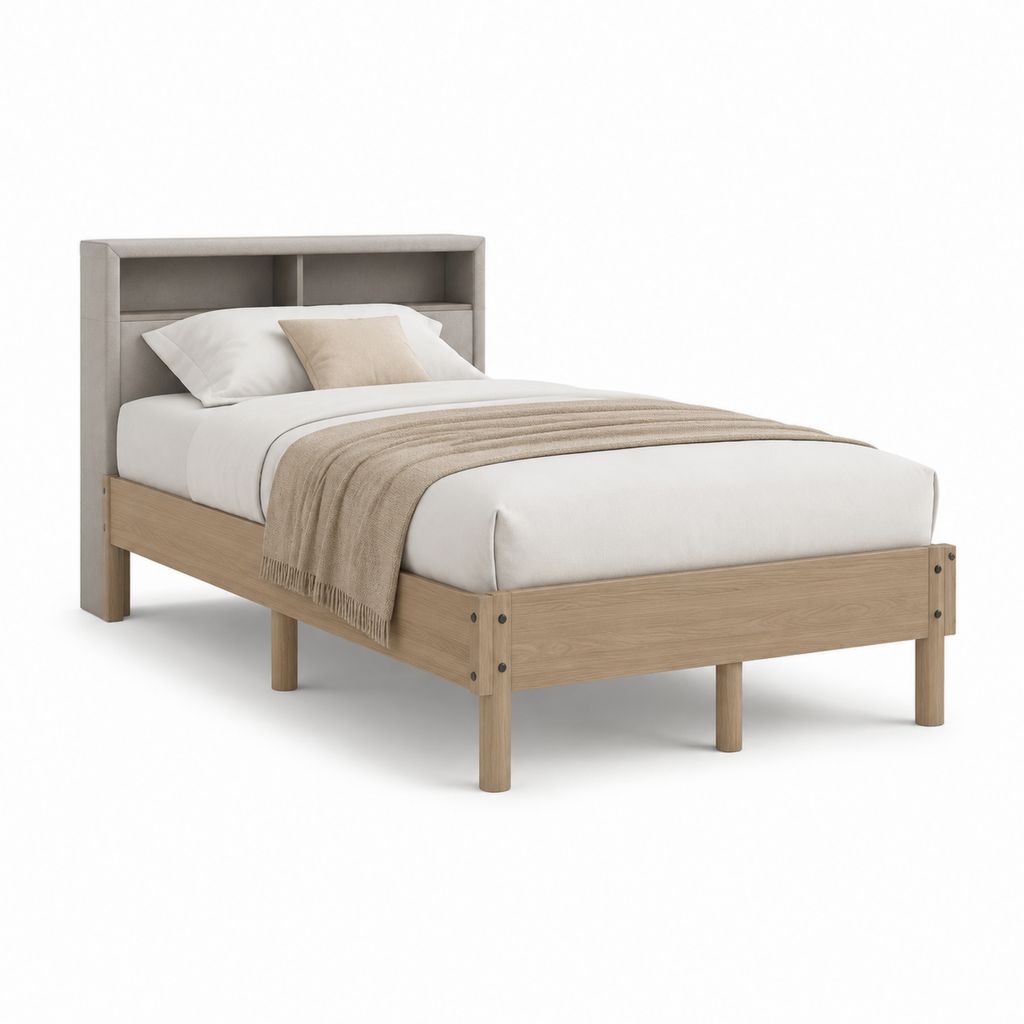 Cadre de lit double 140 x 190 cm avec tête de lit à étagères gris et décor chêne