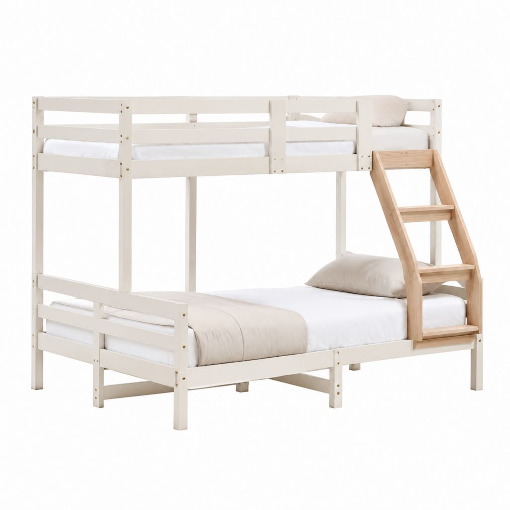 Lit superposé enfant séparable rectangulaire blanc en pin massif avec échelle naturelle 90 x 190 cm