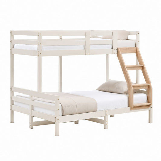 Lit superposé enfant séparable rectangulaire blanc en pin massif avec échelle naturelle 90 x 190 cm