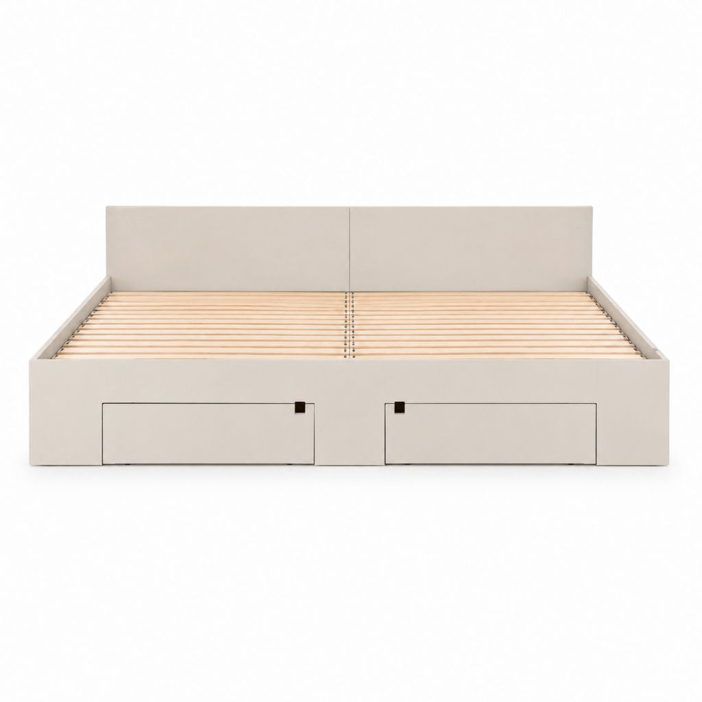 Lit double avec rangement beige clair en panneaux de particules mélaminés rectangulaire 160 x 200 cm