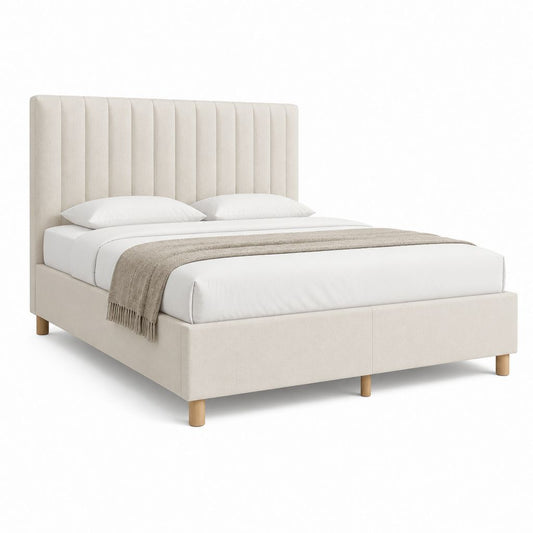 Lit double 160 x 200 cm beige en polyester avec tête de lit capitonnée verticale