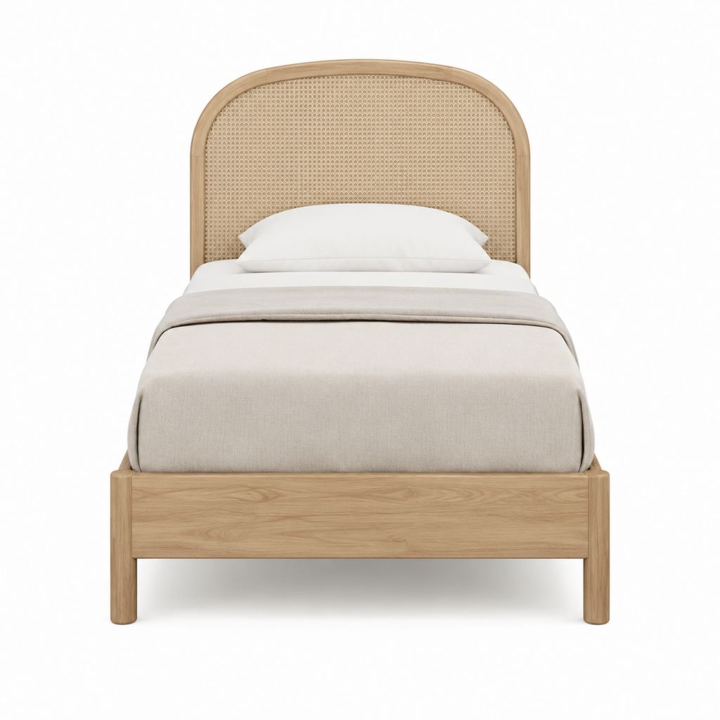Lit simple avec cadre de lit naturel en bois massif et rotin tressé tête arrondie 90 x 190 cm