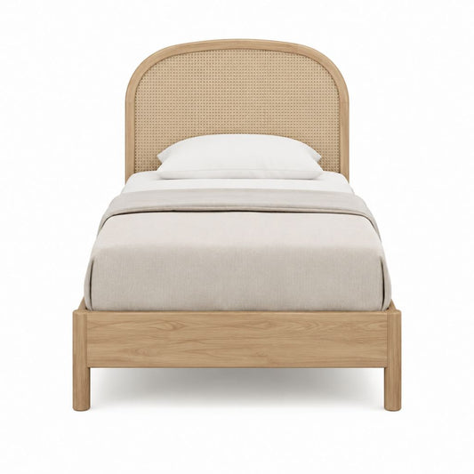 Lit simple avec cadre de lit naturel en bois massif et rotin tressé tête arrondie 90 x 190 cm