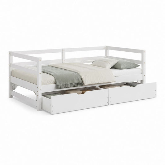 Lit enfant rectangulaire avec barrières et 2 tiroirs blanc en pin massif 90 x 200 cm