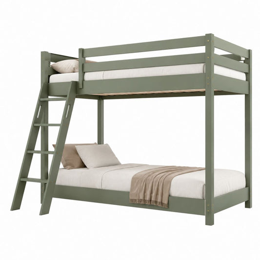 Lit superposé enfant 90 x 200 cm et 140 x 200 cm vert olive en pin massif 208 x 148 x 170 cm
