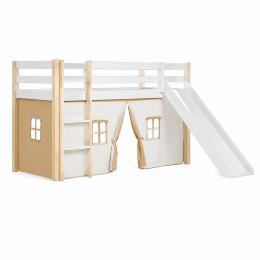 Lit superposé enfant surélevé blanc naturel avec toboggan en pin massif 90 x 200 cm